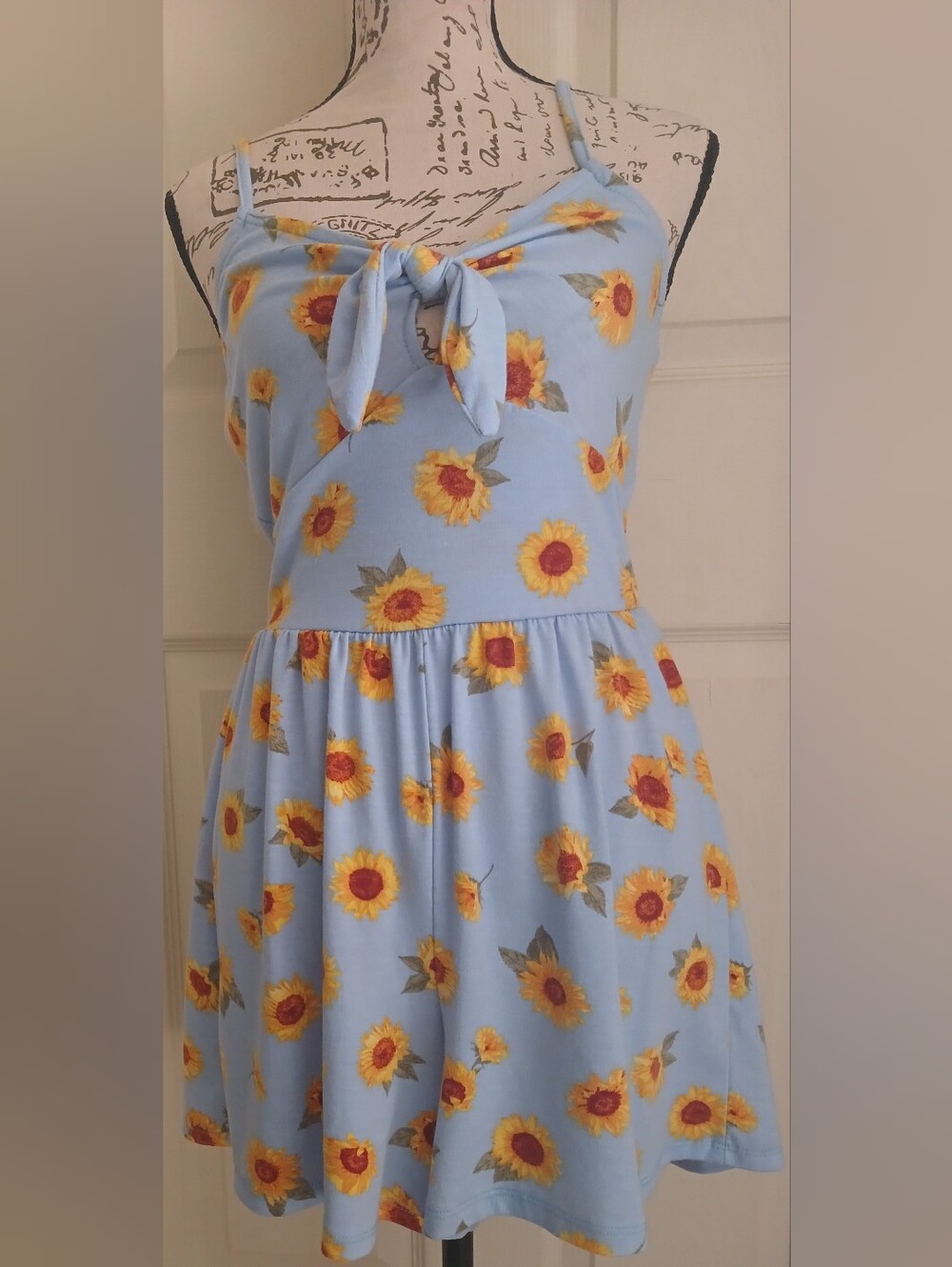 Derek Heart Light Blue Sunflower Print Tie-Front Romper